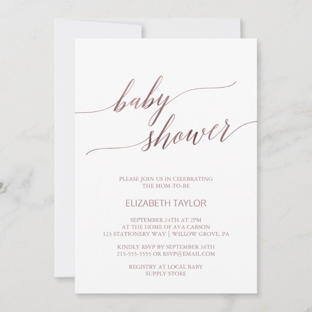 Invitación Elegante Rosa Gold Caligraphy Baby Shower (Anverso)