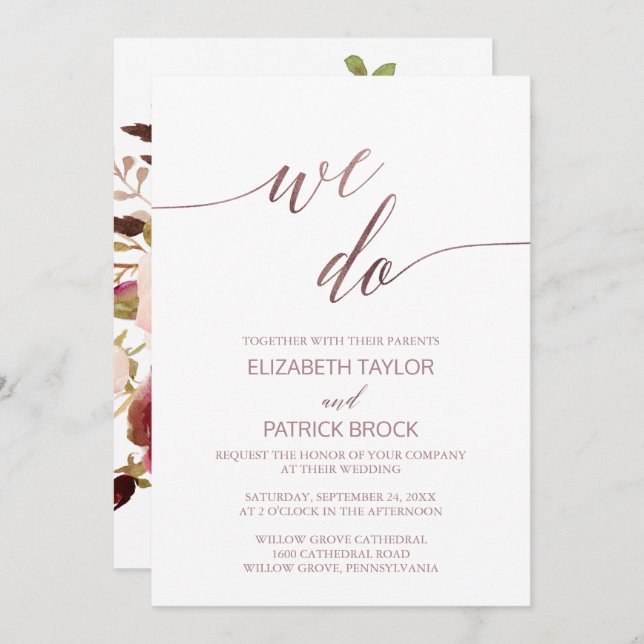 Invitación Elegante Rosa Gold Calligraphy Floral We Do Boda (Anverso / Reverso)