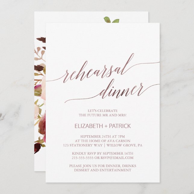 Invitación Elegante Rosa Gold | Cena de ensayo floral (Anverso / Reverso)