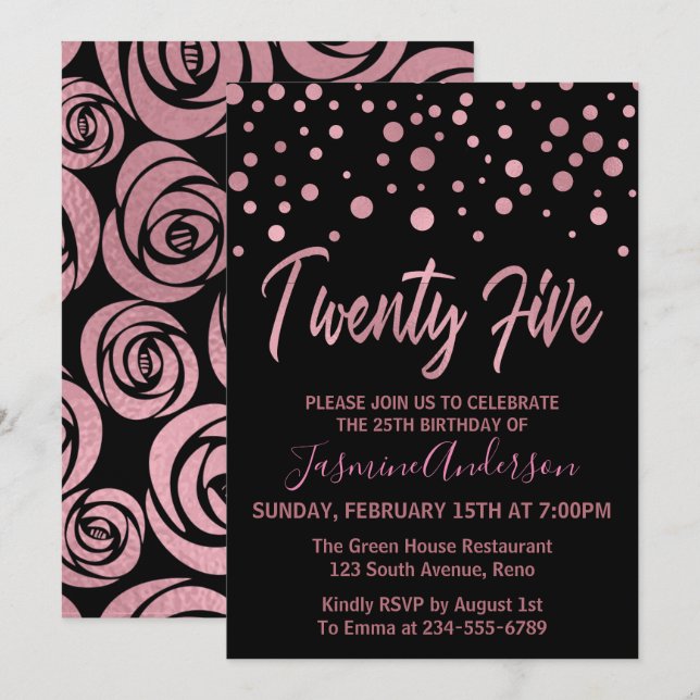 Invitación Elegante Rosa Gold Faux Relieve metalizado 25 cump (Anverso / Reverso)