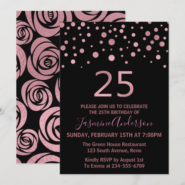 Invitación Elegante Rosa Gold Faux Relieve metalizado 25 cump (Anverso / Reverso)