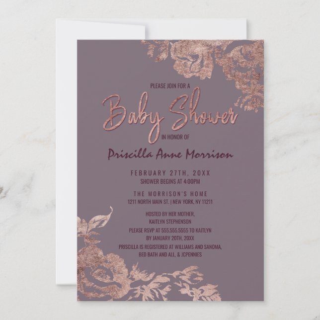 Invitación Elegante Rosa Gold Floral Purple Mauve Baby Shower (Anverso)