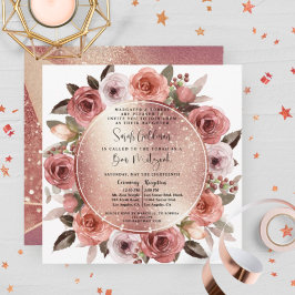 Invitación Elegante Rosa Gold Floral y Purpurina Bat Mitzvah