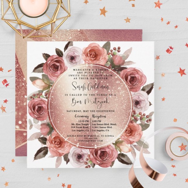 Invitación Elegante Rosa Gold Floral y Purpurina Bat Mitzvah (Subido por el creador)