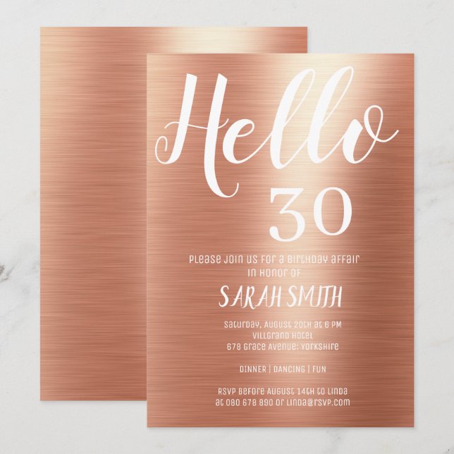 Invitación Elegante Rosa Gold Hello 30 cumpleaños (Anverso / Reverso)