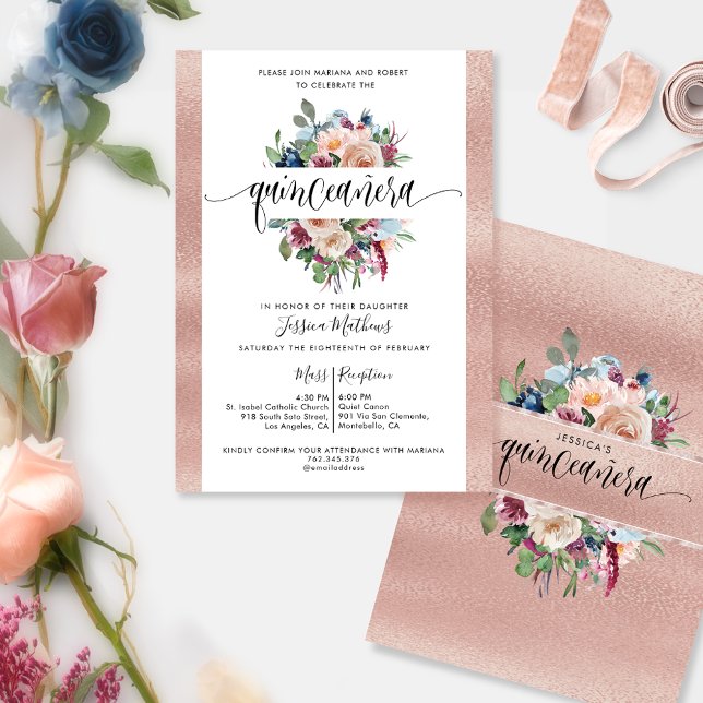 Invitación Elegante Rosa Gold Pastel Floral Quinceañera Invit (Subido por el creador)