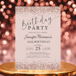 Invitación Elegante Rosa Gold Purpurina Rubor 40 cumpleaños<br><div class="desc">Celebra 40 años fabulosos con esta Elegante invitación de cumpleaños de Purpurina Rosa Gold Rubor! Diseñada con un suave fondo rosa y brillantes toques rosas de purpurina dorado, esta invitación marca el tono para una moda y una celebración elegante. Completamente editable, te permite personalizar de la edad, nombre y detalles...</div>