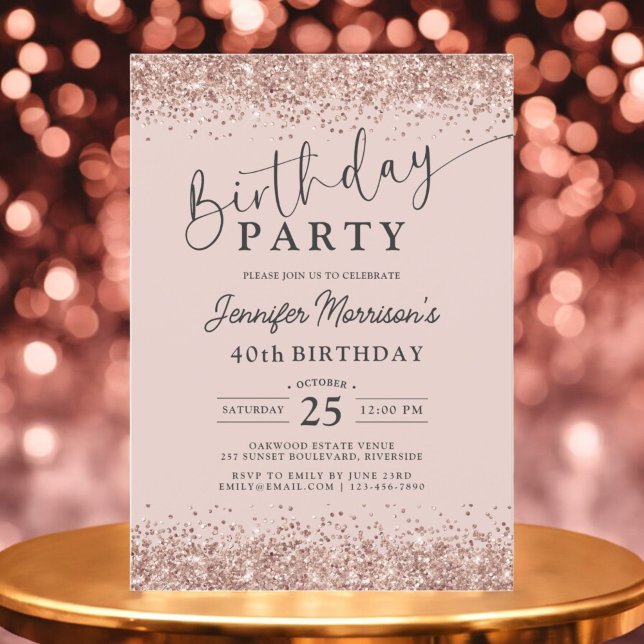 Invitación Elegante Rosa Gold Purpurina Rubor 40 cumpleaños (Subido por el creador)