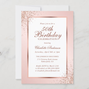 Invitación Elegante Rosa Gold Rubor Confetti 50 cumpleaños
