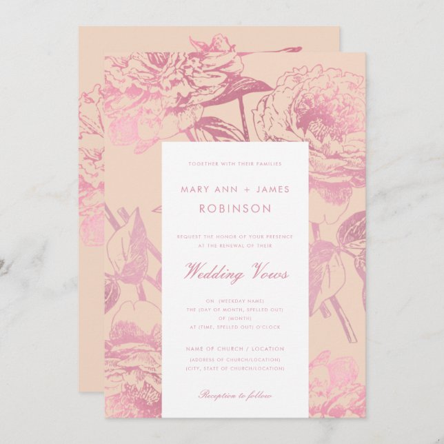 Invitación Elegante Rosa Gold Rubor Floral Boda Vow Renovació (Anverso / Reverso)