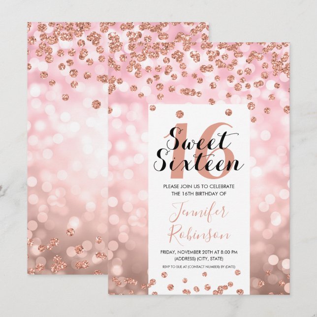 Invitación Elegante Rosa Gold Rubor Purpurina Sweet 16 (Anverso / Reverso)