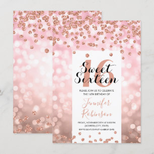 Invitación Elegante Rosa Gold Rubor Purpurina Sweet 16