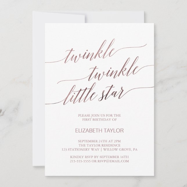 Invitación Elegante Rosa Gold Twinkle Twinkle Cumpleaños (Anverso)