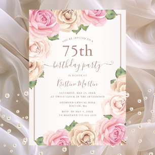 Invitación Elegante Rosa Gold Watercolor Floral 75º cumpleaño