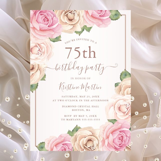 Invitación Elegante Rosa Gold Watercolor Floral 75º cumpleaño (75th birthday party invitation with pink roses)