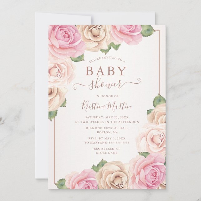 Invitación Elegante Rosa Gold Watercolor Floral Baby Shower (Anverso)
