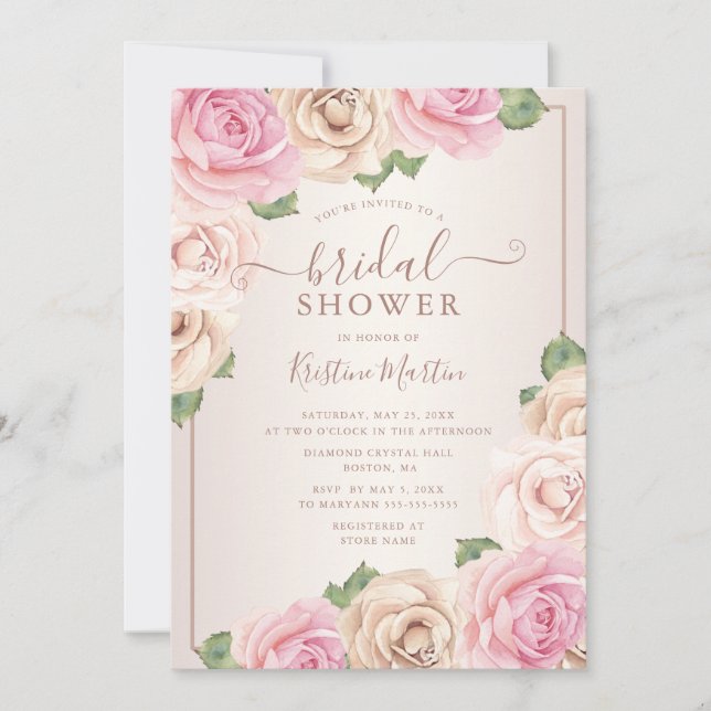 Invitación Elegante Rosa Gold Watercolor Floral Bridal Shower (Anverso)