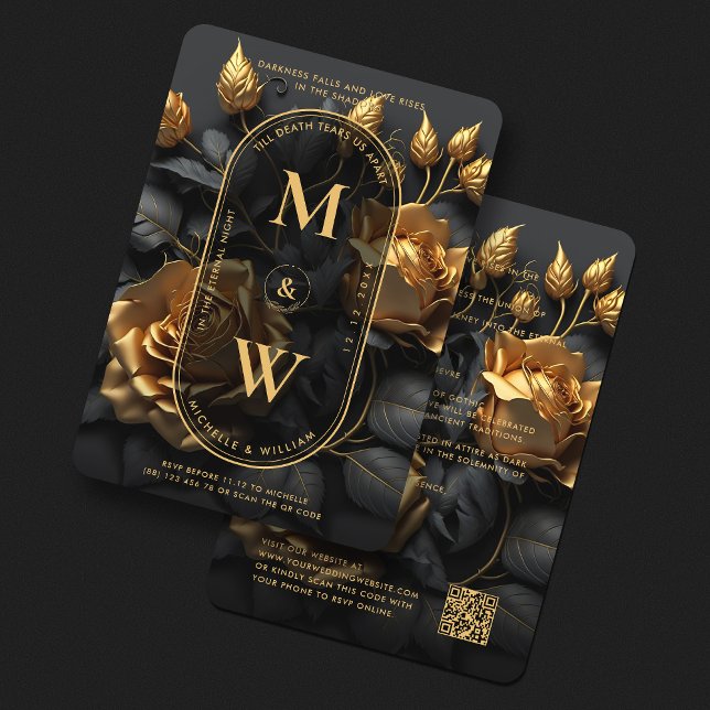 Invitación Elegante Rosa Gótico de Oro Negro Boho Lux Boda (Elegant Gothic Floral Black Gold Boho Lux Wedding Invitation
)