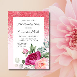 Invitación Elegante Rosa Greenery Floral Purpurina Rojo Cumpl