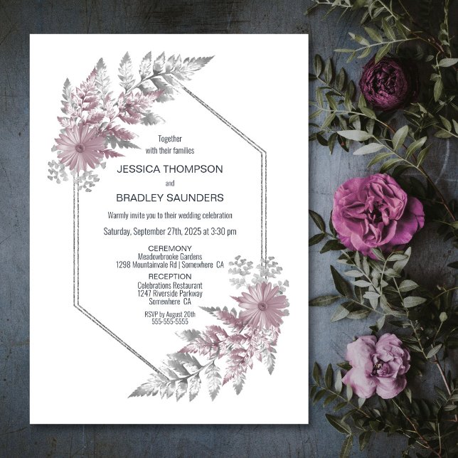 Invitación Elegante Rosa  Gris Boda Botánico (Subido por el creador)