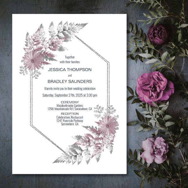 Invitación Elegante Rosa  Gris Boda Botánico (Subido por el creador)