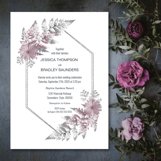 Invitación Elegante Rosa  Gris Boda Botánico (Subido por el creador)