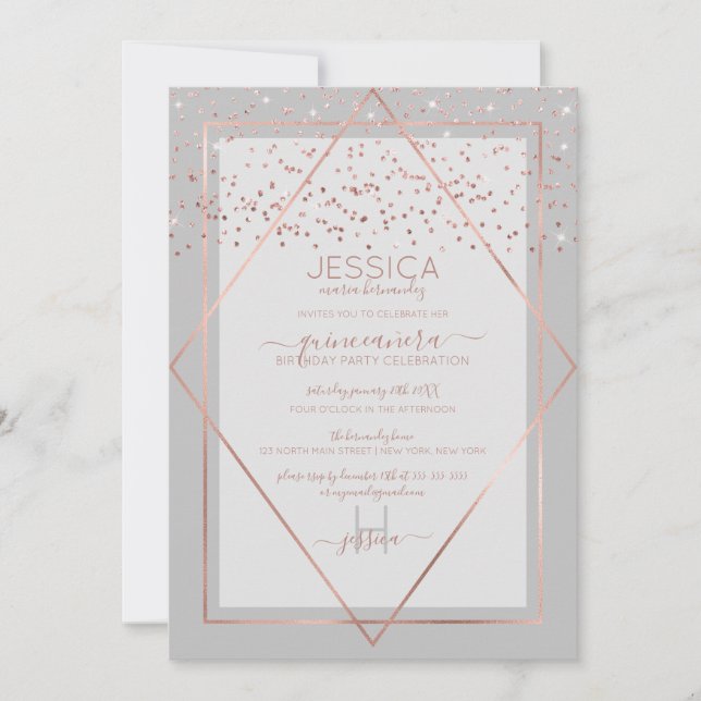 Invitación Elegante Rosa Gris Oro Confetti Borde Quinceañera (Anverso)