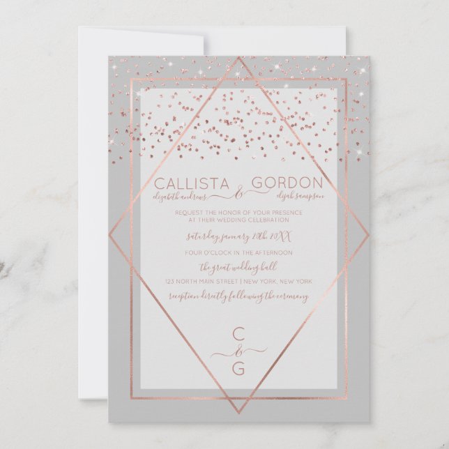 Invitación Elegante Rosa Gris Oro Confetti Geo Border Boda (Anverso)