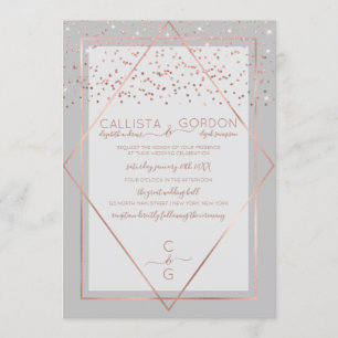 Invitación Elegante Rosa Gris Oro Confetti Geo Border Boda