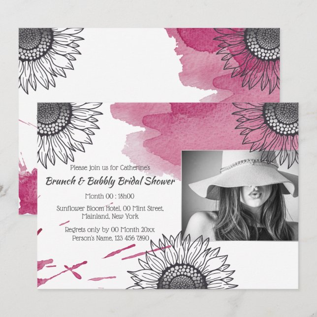 Invitación Elegante rosa gris rosa DIY foto fiesta de girasol (Anverso / Reverso)