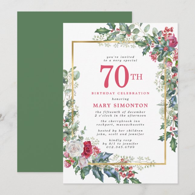 Invitación Elegante Rosa Holly Berries 70 cumpleaños (Anverso / Reverso)
