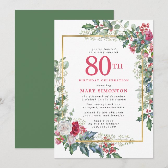 Invitación Elegante Rosa Holly Berries 80 cumpleaños (Anverso / Reverso)