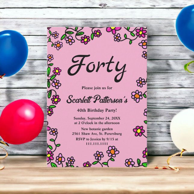 Invitación Elegante Rosa Jardín Botánico Floral 40 cumpleaños (Subido por el creador)