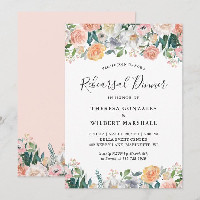 Invitación Elegante Rosa Jardín Peony Ensayo Floral Cena (Anverso / Reverso)