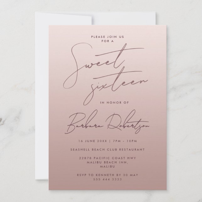 Invitación Elegante Rosa ligero Ombre Guión Dulce Dieciséis (Anverso)