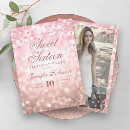 Invitación Elegante Rosa Luces de Glam Oro Foto Dulce 16