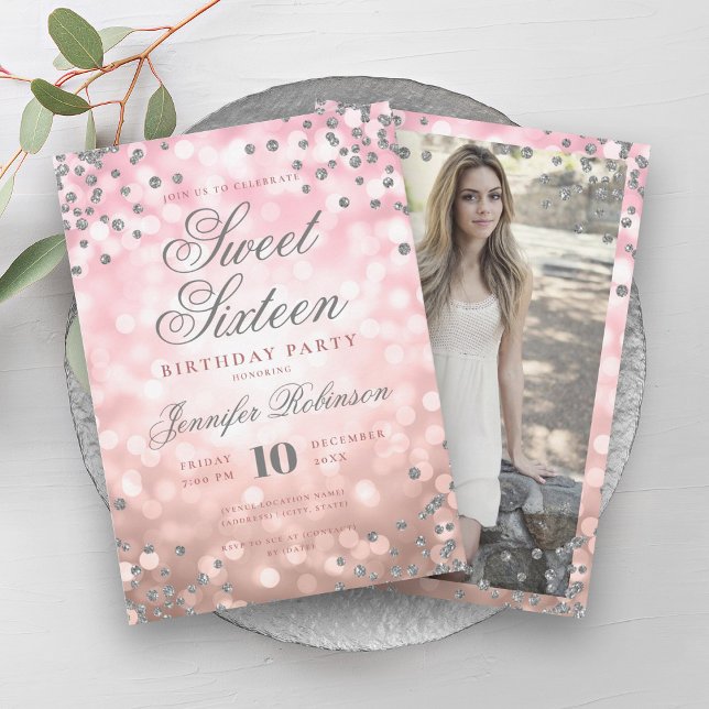 Invitación Elegante Rosa Luces de Oro Plata Foto Dulce 16 (Elegant Rose Gold Lights Silver Photo Sweet 16 Invitation)