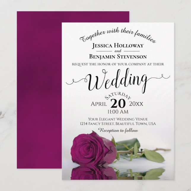 Invitación Elegante Rosa Magenta de estampado largo Boda (Anverso / Reverso)