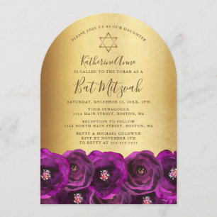 Invitación Elegante Rosa Magenta Floral Bat Mitzvah Dorado