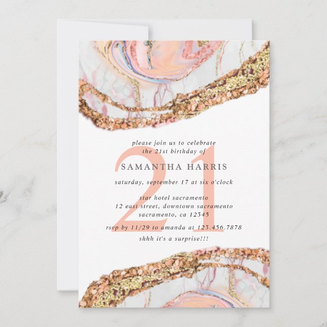 Invitación Elegante Rosa Marble de oro Fiesta de cumpleaños 2 (Anverso)