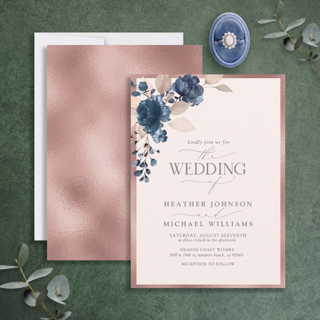 Invitación Elegante Rosa Marina de Oro Azul Rubor Floral rosa (Subido por el creador)