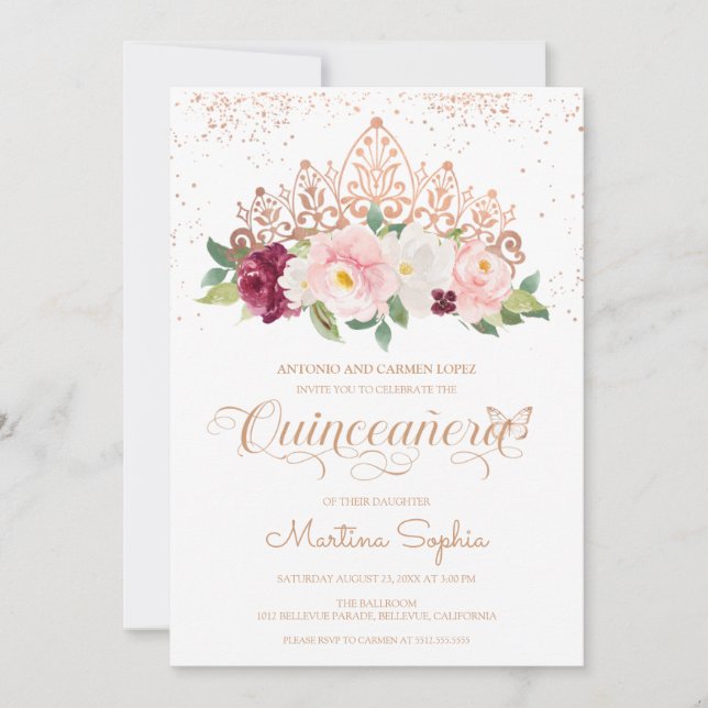 Invitación Elegante Rosa Mariposa de Oro y Tiara Quinceanera (Anverso)