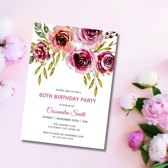 Invitación Elegante Rosa marrón morado cumpleaños floral (Subido por el creador)