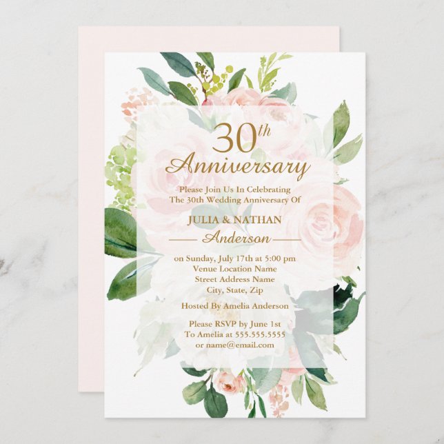 Invitación Elegante Rosa Melocotón Flor 30 Aniversario de Bod (Anverso / Reverso)