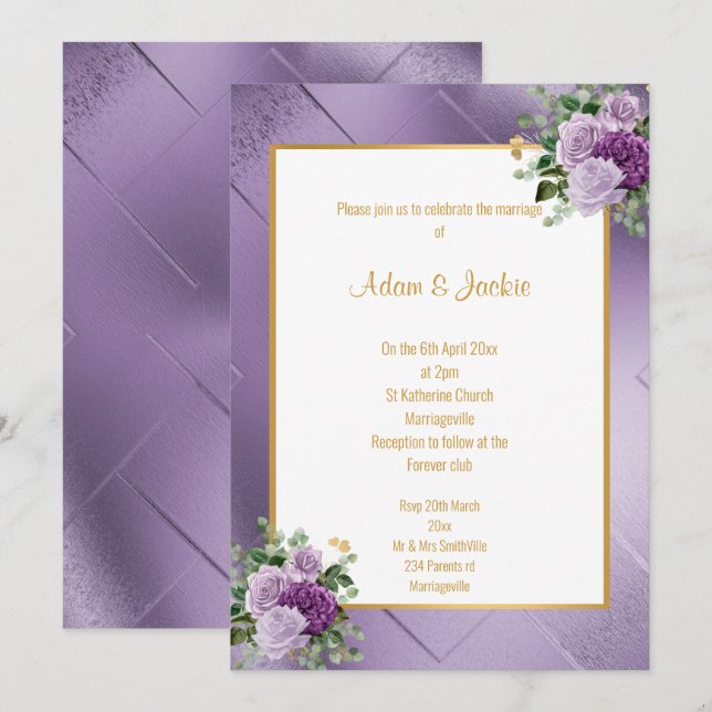 INVITACIÓN ELEGANTE ROSA METÁLICO PURPLE EUCALYPTUS BODA (Anverso / Reverso)