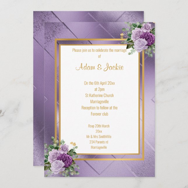 INVITACIÓN ELEGANTE ROSA METÁLICO PURPLE EUCALYPTUS BODA (Anverso / Reverso)
