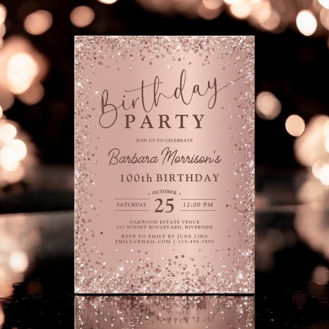 Invitación Elegante Rosa metálico Purpurina de oro 100 cumple (Subido por el creador)