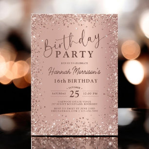 Invitación Elegante Rosa metálico Purpurina de oro 16º cumple