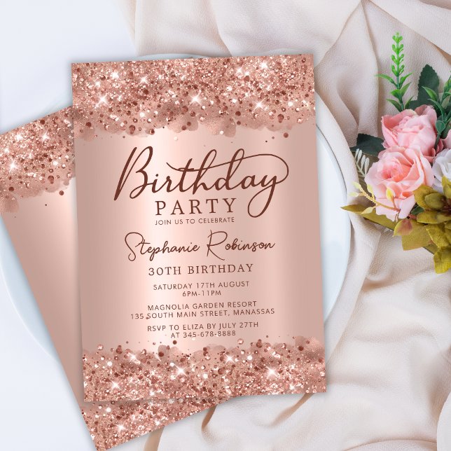 Invitación Elegante Rosa metálico Purpurina de oro 30 cumplea (Subido por el creador)