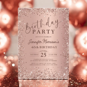 Invitación Elegante Rosa metálico Purpurina de oro 40 cumplea